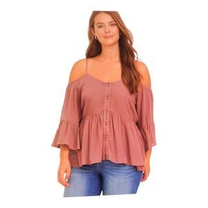 Torrid Top Size 2X Babydoll Rayon Crepe Cold Shoulder Long Bell Sleeves Walnut